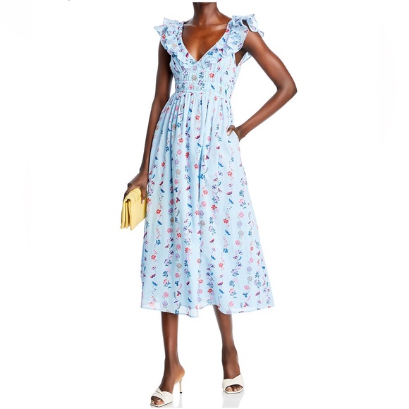 Banjanan Maya Cotton Ruffled Foliage Floral Dress Blue Size S New w/Tag $425